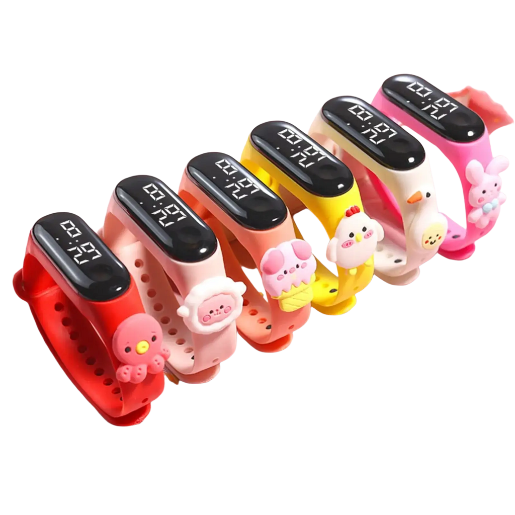 A row of colorful kids silicone digital watches with life waterproof material and cute animal charms on black lcd screens