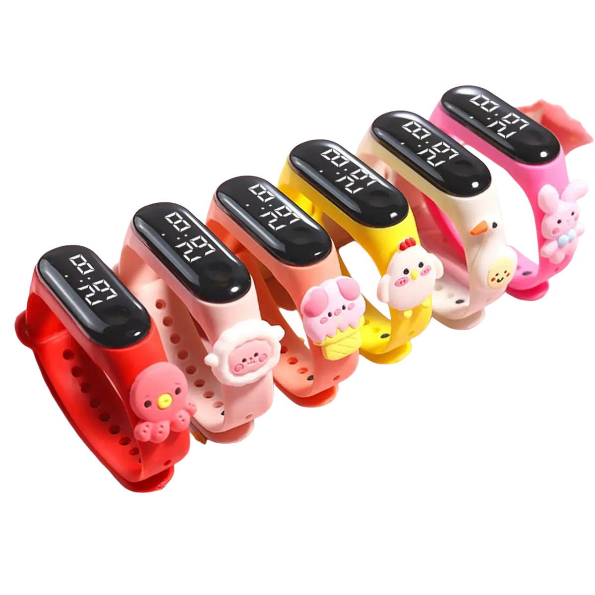A row of colorful kids silicone digital watches with life waterproof material and cute animal charms on black lcd screens