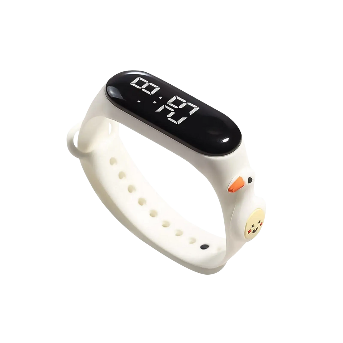 White silicone kids digital watch with black life waterproof display featuring cute duck and chick faces