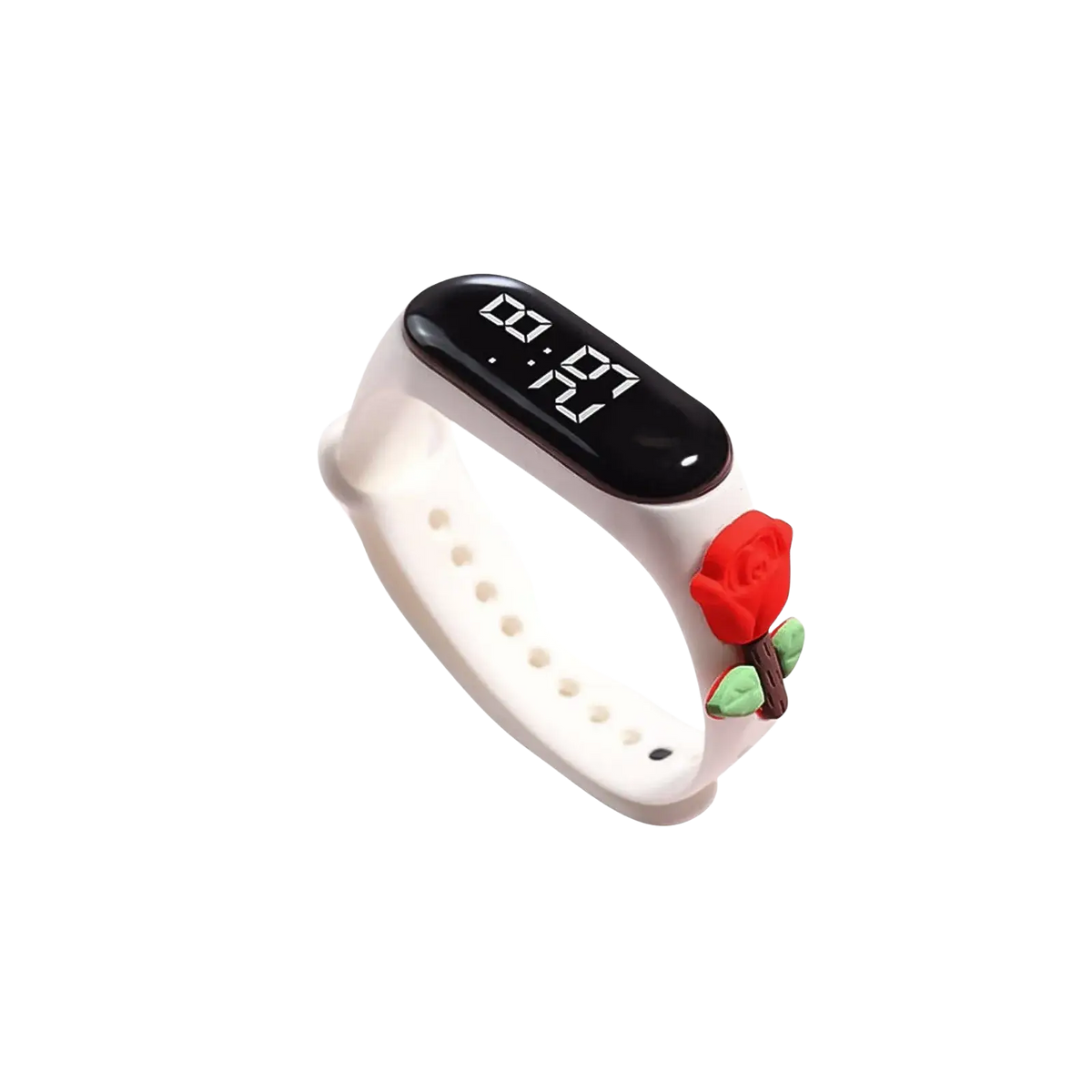 Kids silicone digital watch with white silicone material life waterproof and black display with red rose charm attached