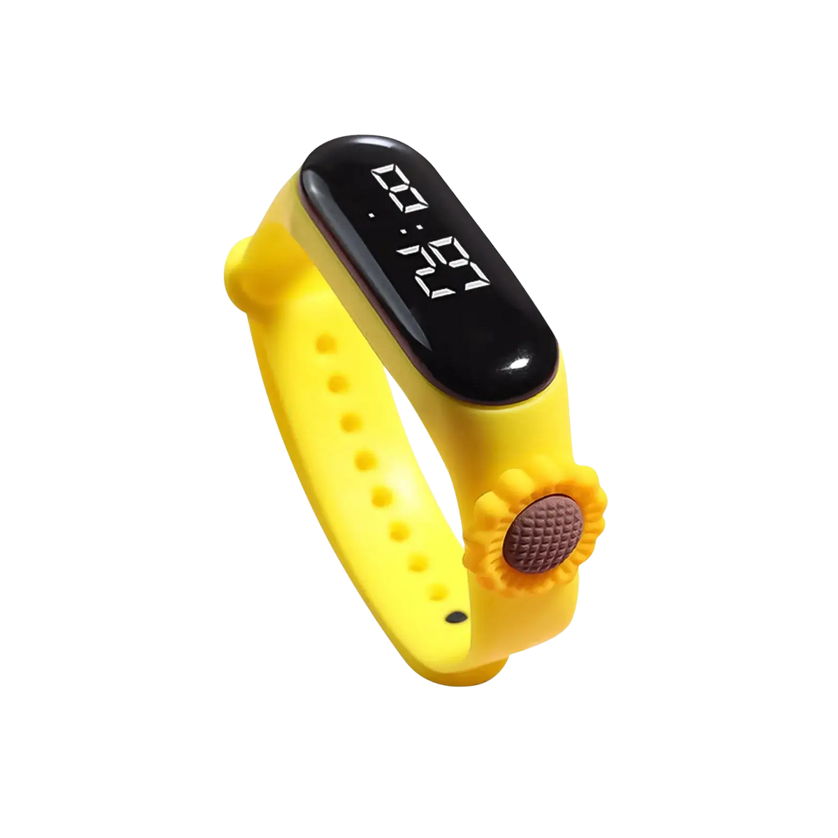 Yellow kids silicone digital watch with life waterproof feature and sunflower design on black digital display
