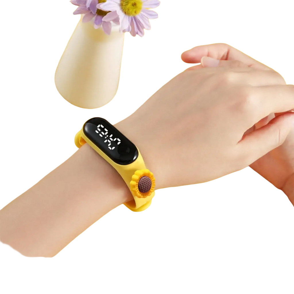 Yellow sunflower-themed kids silicone digital watch with black display screen life waterproof and durable material type