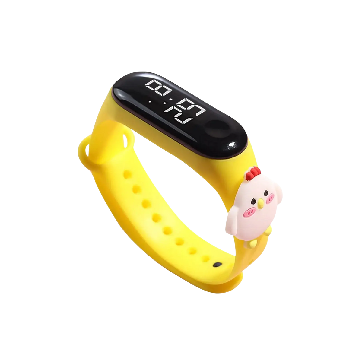 Yellow kids silicone digital watch with life waterproof feature, black display showing time and temperature, pink chicken charm