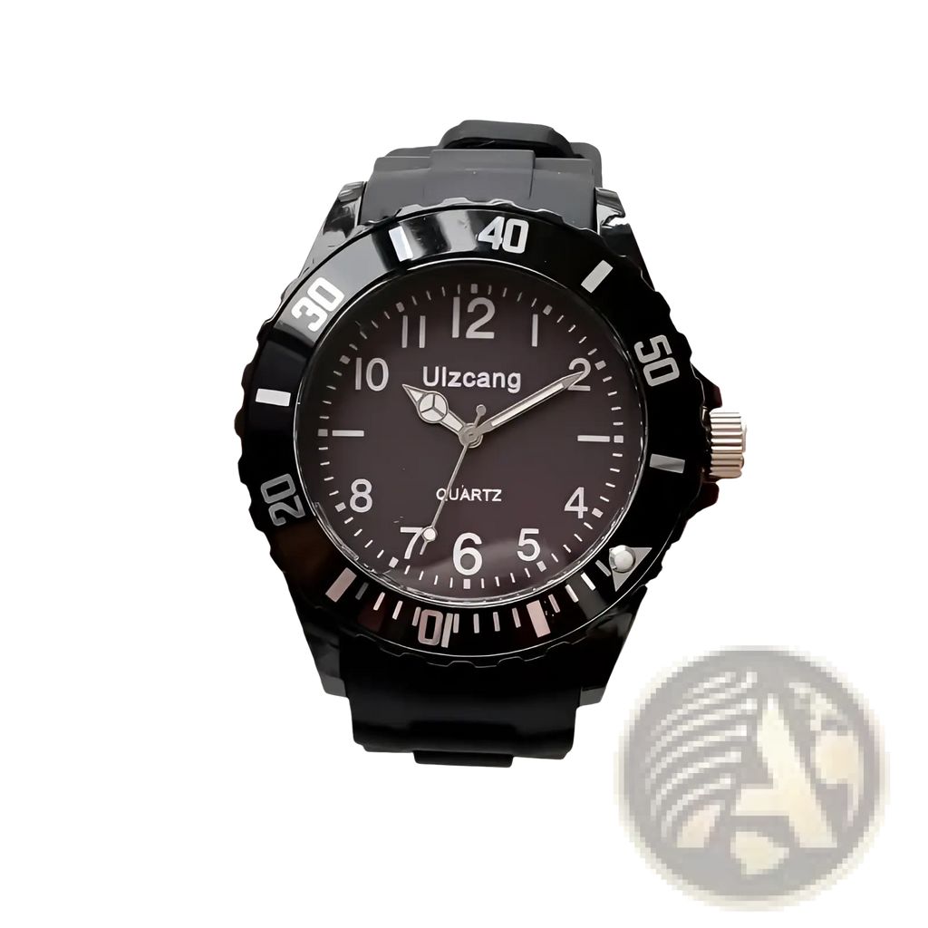 Kids silicone quartz watch with a black ulricang quartz dial, glossy black resin strap, and bold white numerals