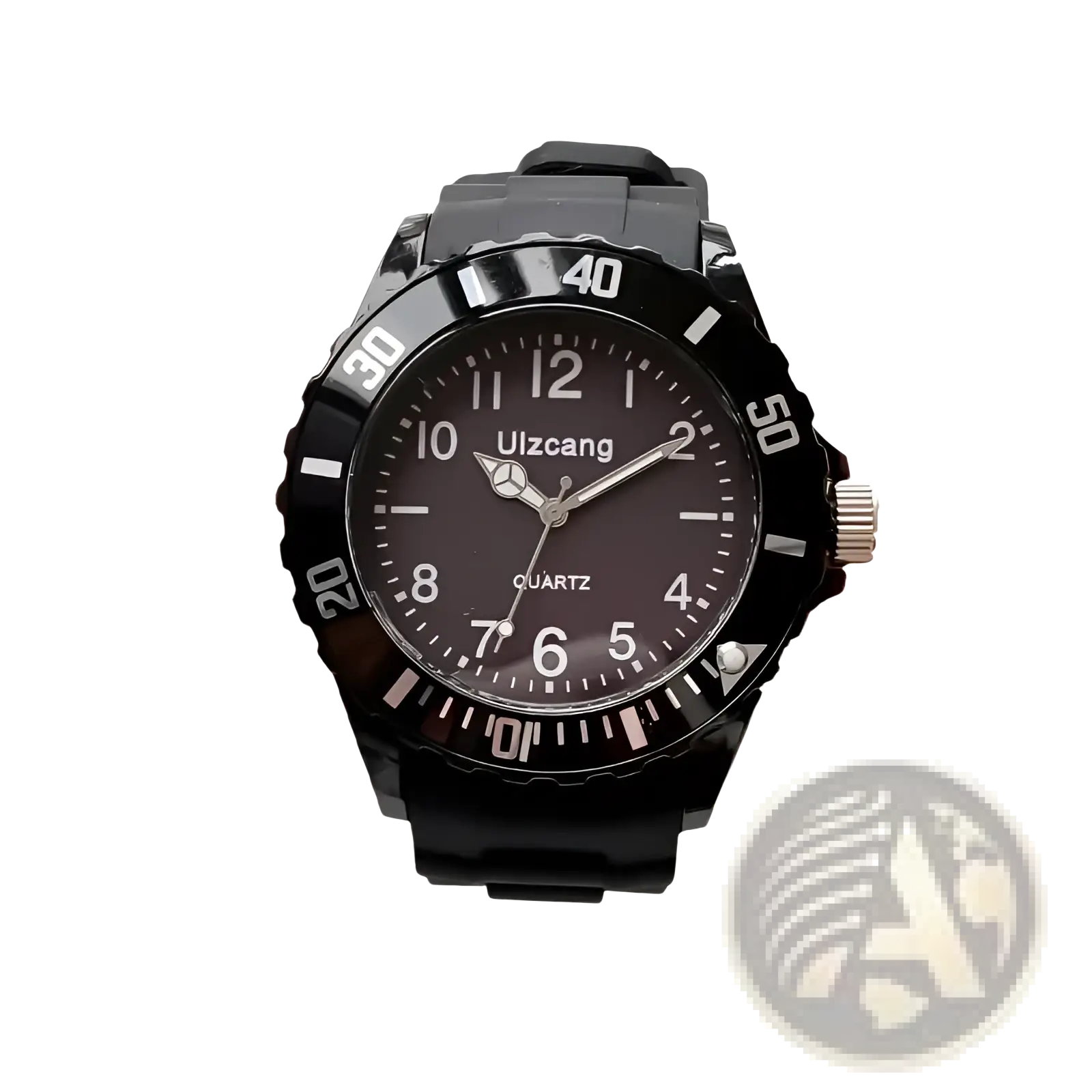 Kids silicone quartz watch with a black ulricang quartz dial, glossy black resin strap, and bold white numerals