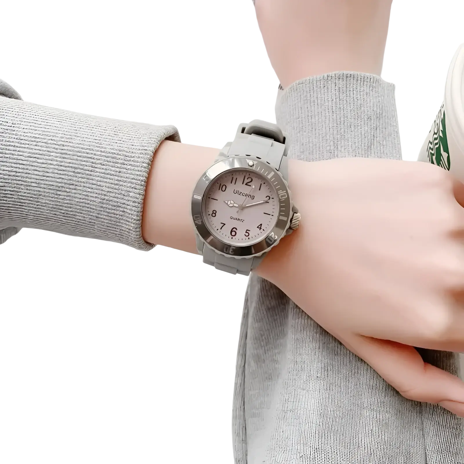 Kids silicone quartz watch with gray silicone strap, silver-toned case, and light pink dial with black arabic numerals