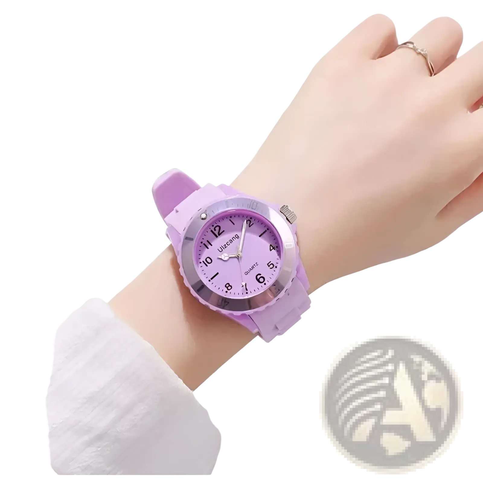 Kids silicone quartz watch with lavender silicone strap, purple dial, silver bezel, and bold black numerals by uzacang