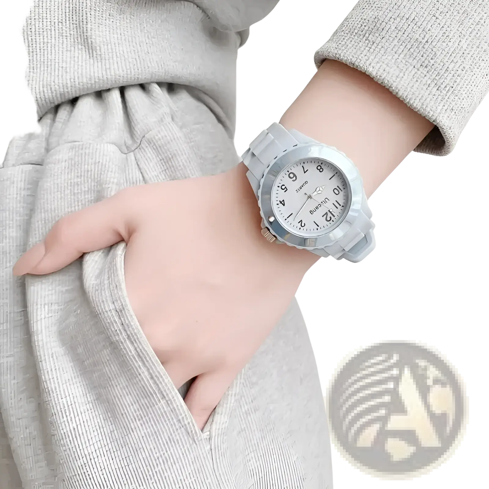 Kids silicone quartz watch with light gray silicone strap white dial and silver-toned hour markers