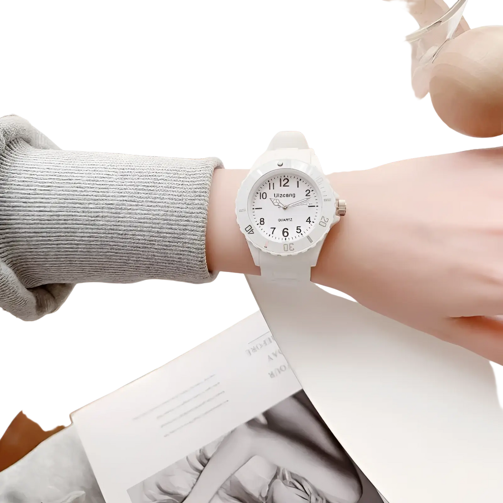 White kids silicone quartz watch with minimalist dial and black numerals in a colorful jelly wristwatch design