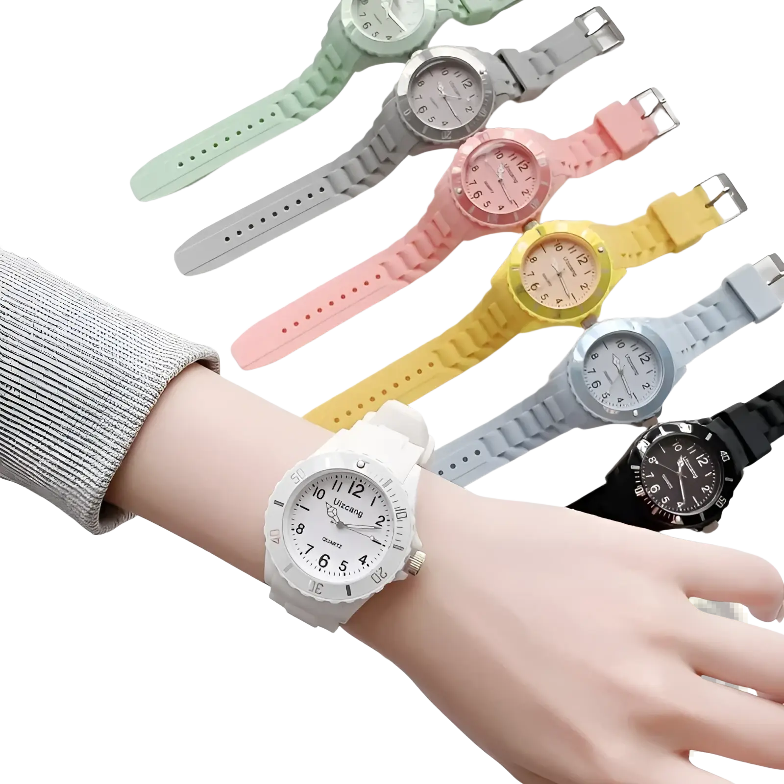 White kids silicone quartz watch with a round face and minimalist black numerals in a colorful jelly style
