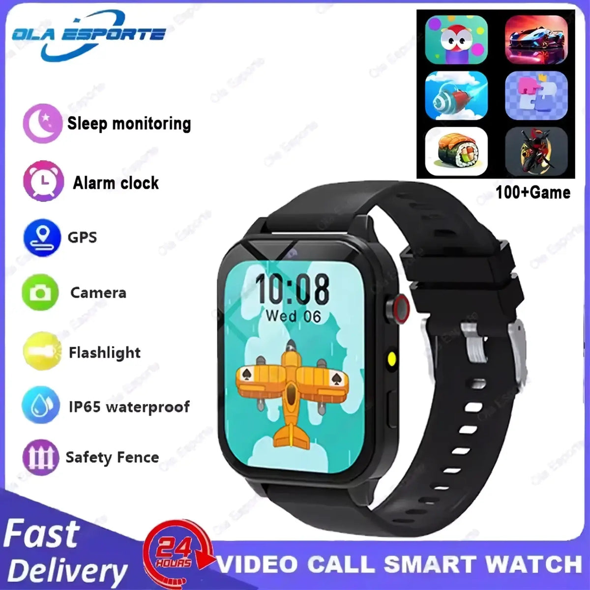 Black ola esporte kids smart watch with games and hd camera featuring a square screen and black silicone strap