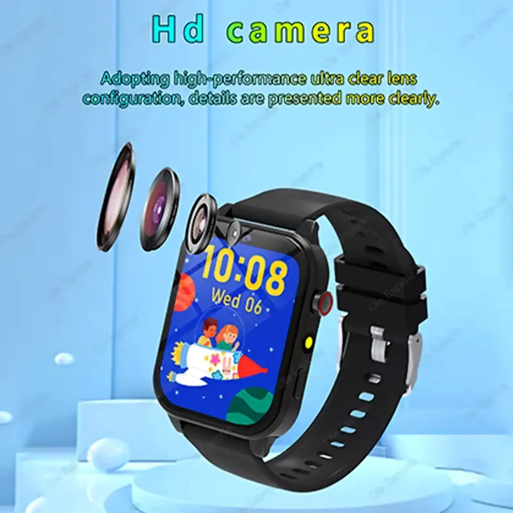 Black kids smart watch with colorful space-themed display and hd camera lens on top for games and photos