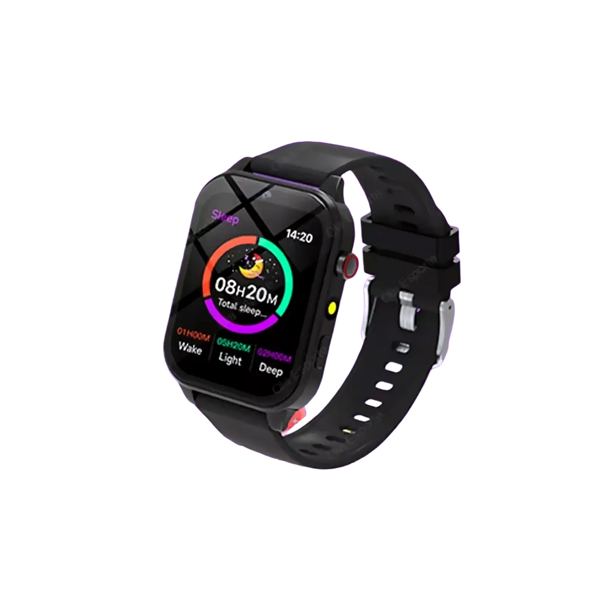 Black kids smart watch with rectangular sleep monitoring screen and matching black silicone strap with hd camera and games