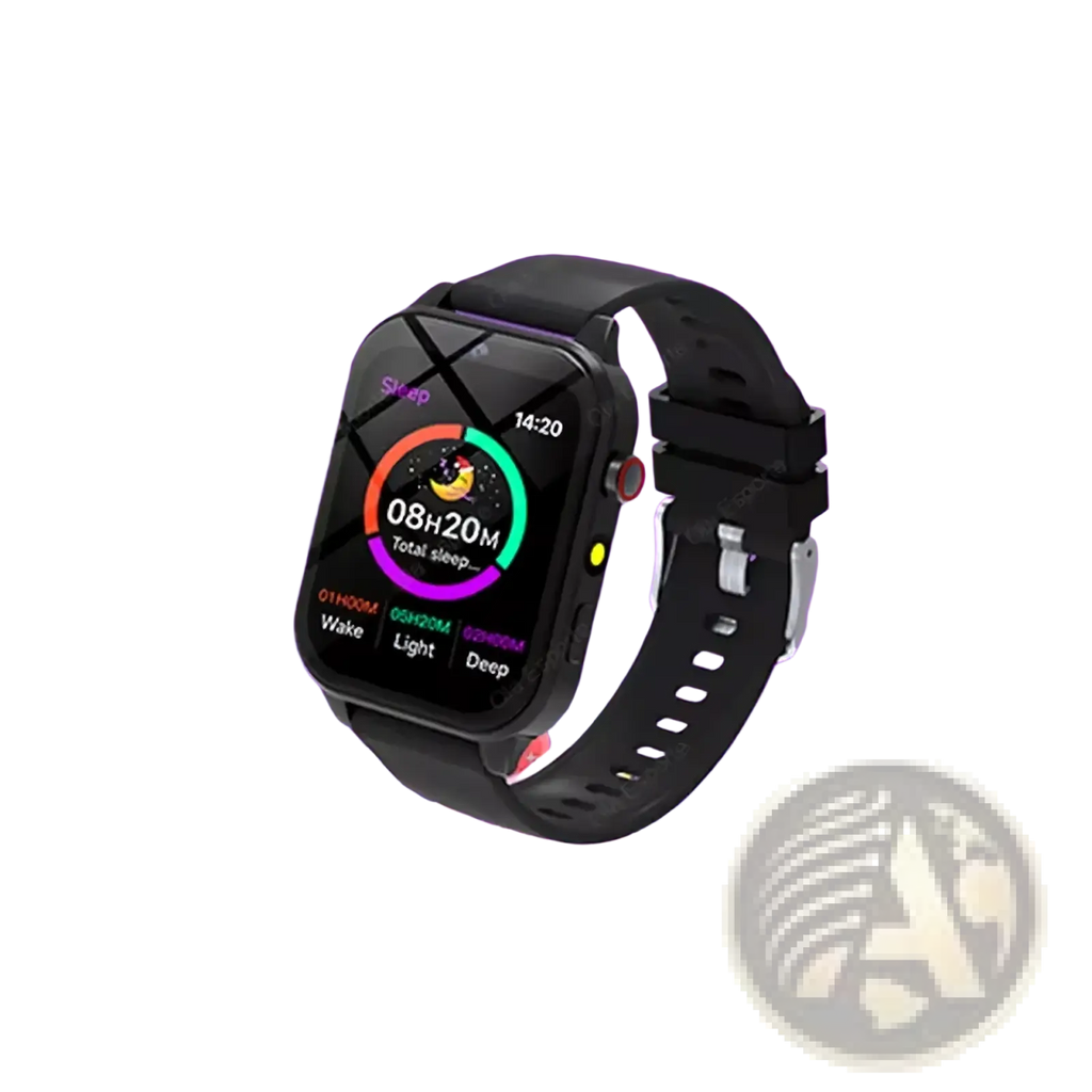 Black kids smart watch with rectangular sleep monitoring screen and matching black silicone strap with hd camera and games