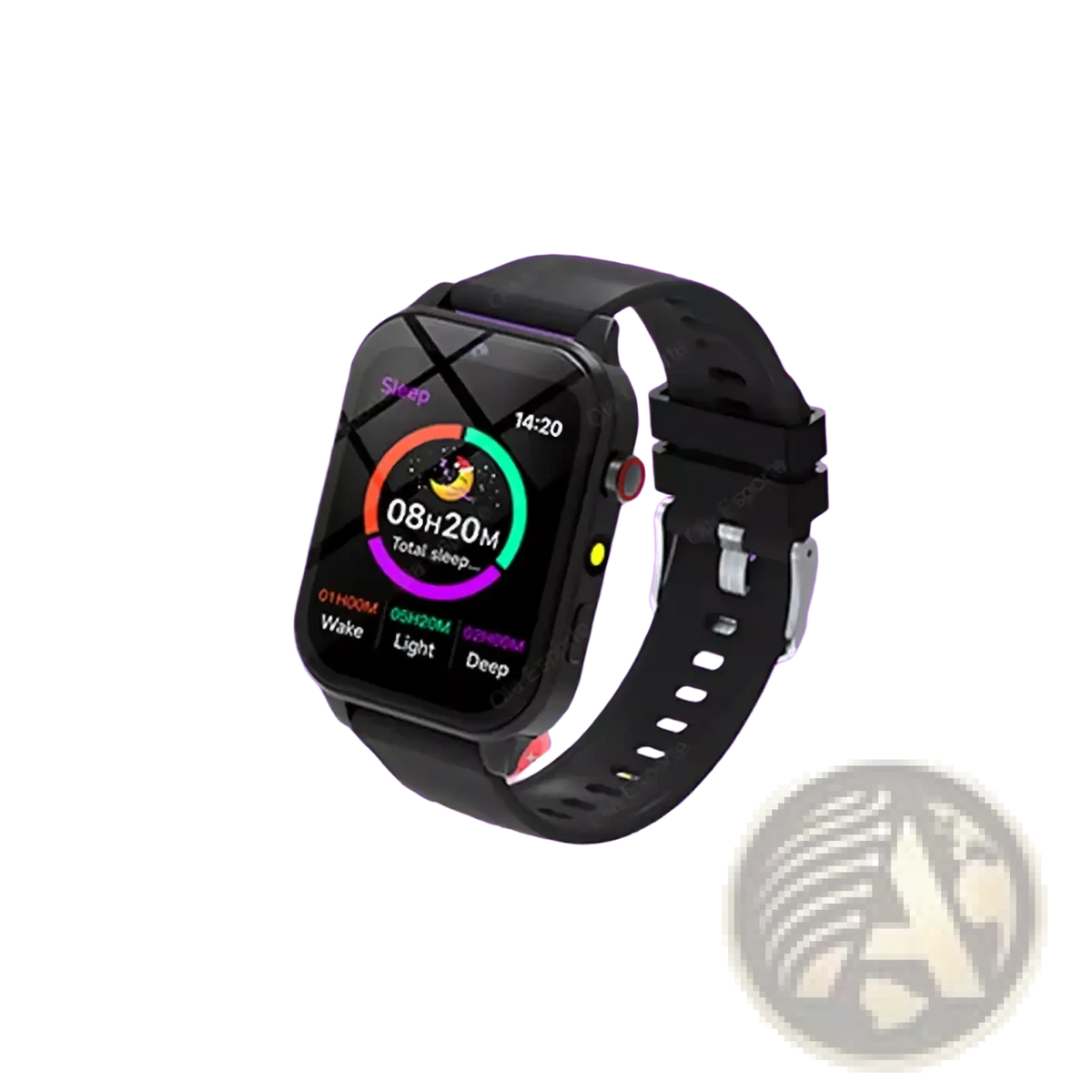 Black kids smart watch with rectangular sleep monitoring screen and matching black silicone strap with hd camera and games