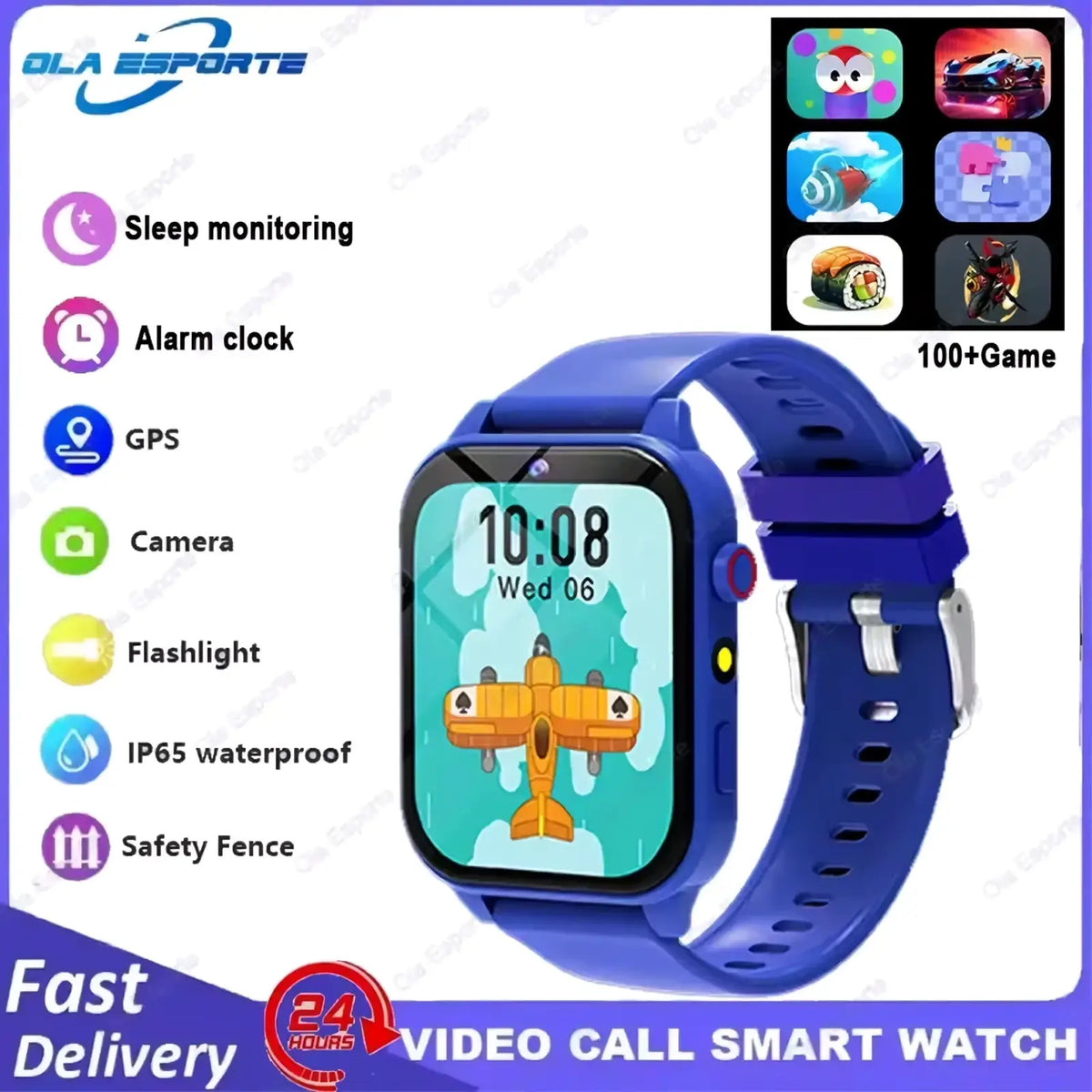 Kids smart watch with games and HD camera featuring a blue silicone strap and colorful airplane-themed display