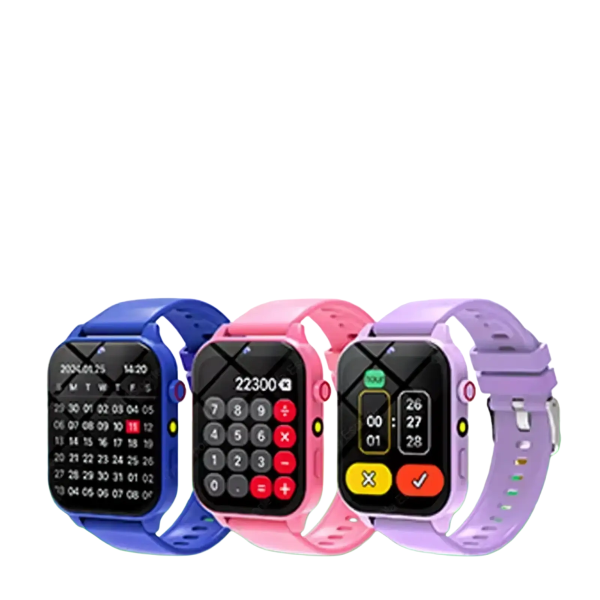 Colorful silicone strap kids smart watches with multifunctional screens showing calendar calculator and alarm clock features