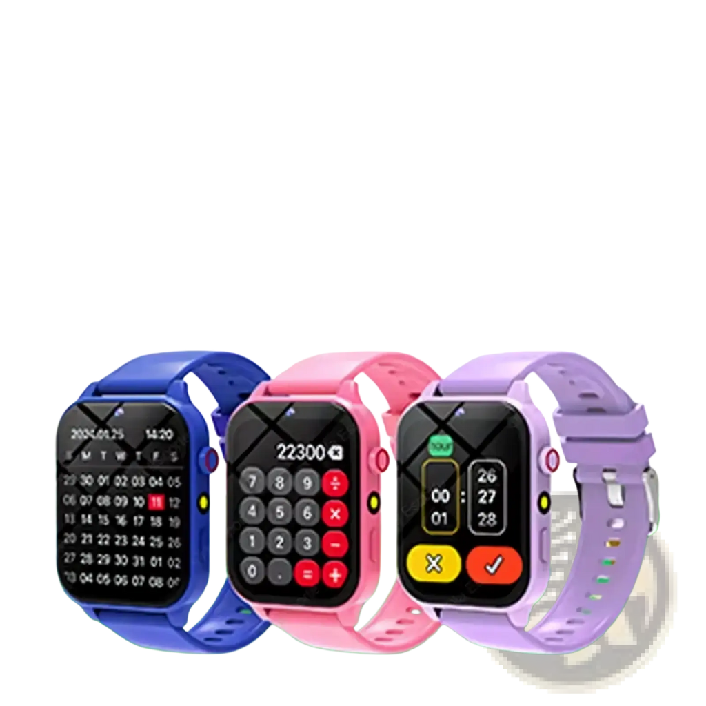 Colorful silicone strap kids smart watches with multifunctional screens showing calendar calculator and alarm clock features