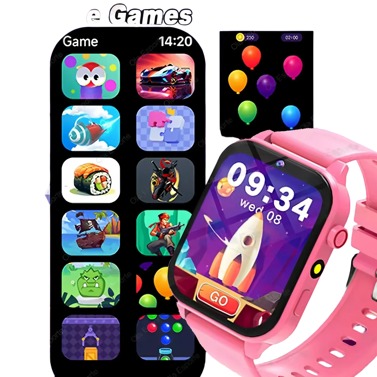 Pink kids smart watch with games and hd camera featuring a colorful digital display showing time and game icons