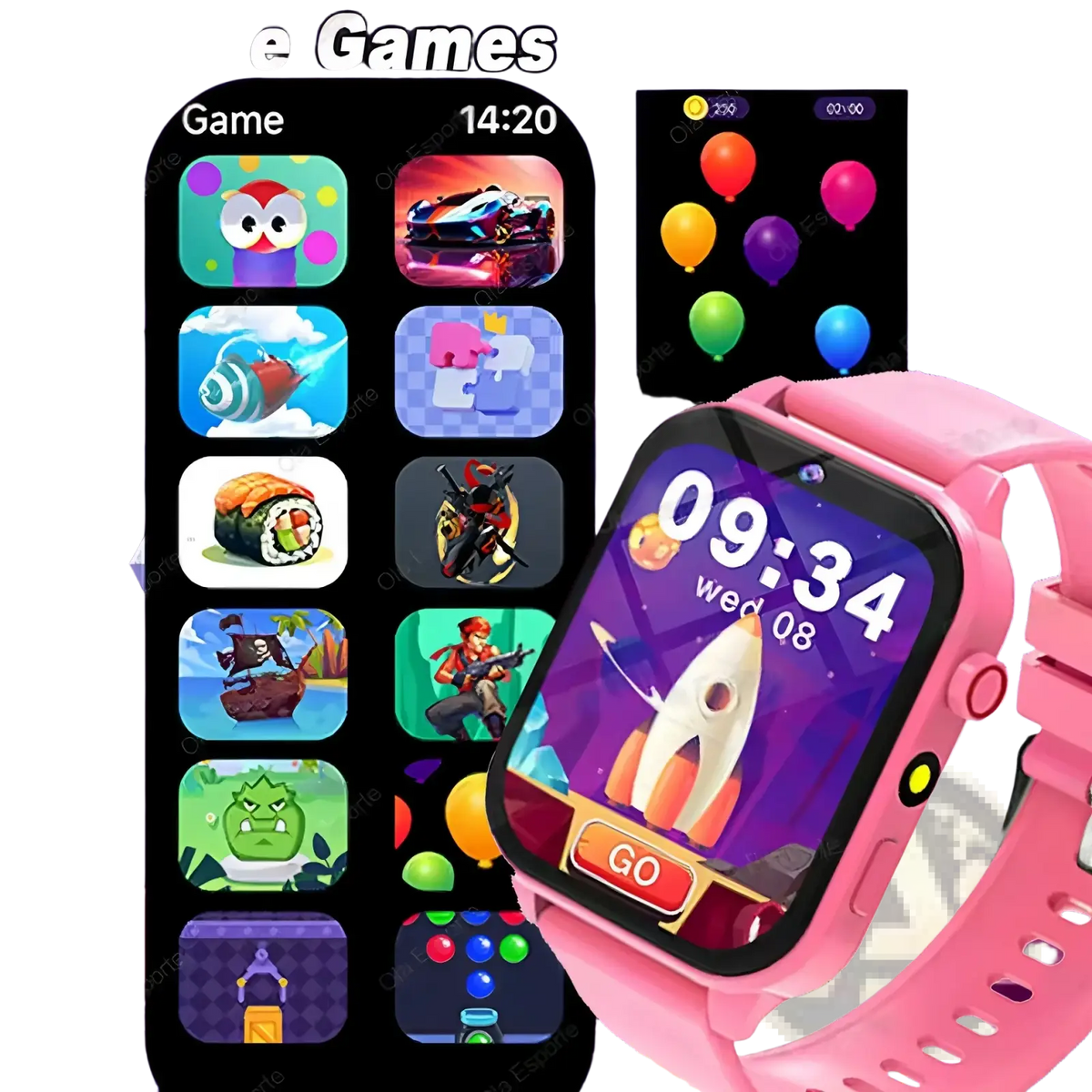 Pink kids smart watch with games and hd camera featuring a colorful digital display showing time and game icons