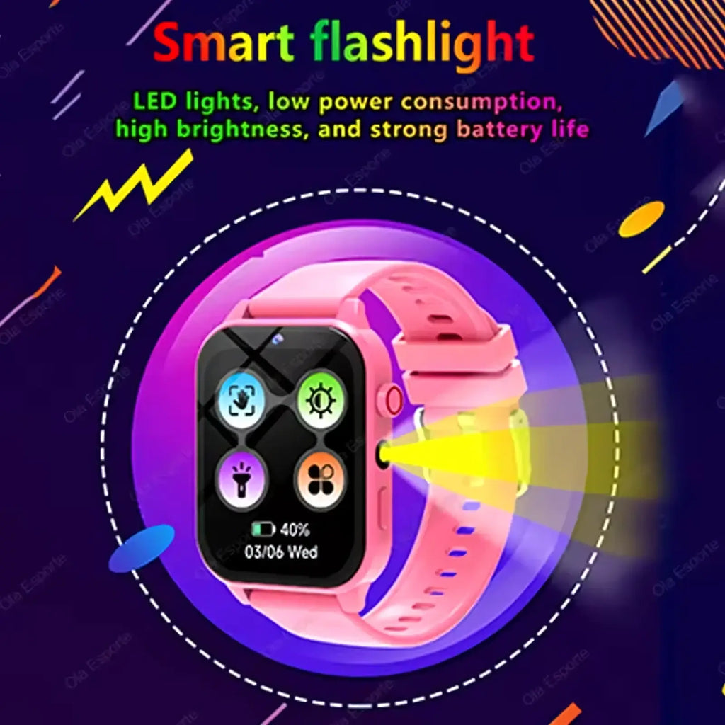 Pink silicone kids smart watch with games hd camera square digital display and integrated led flashlight