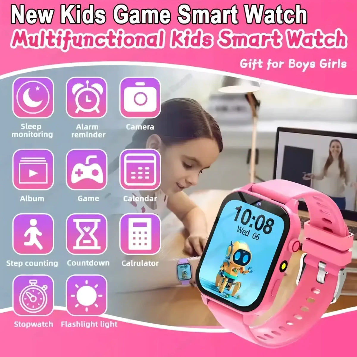 Kids smart watch with games and HD camera featuring a pink silicone strap and colorful robot-themed screen display