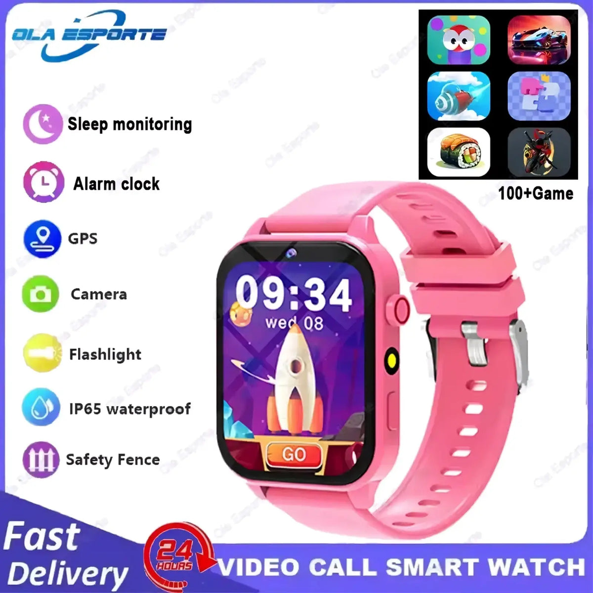 Kids smart watch with games and hd camera featuring a pink silicone strap and colorful rocket-themed interface on screen