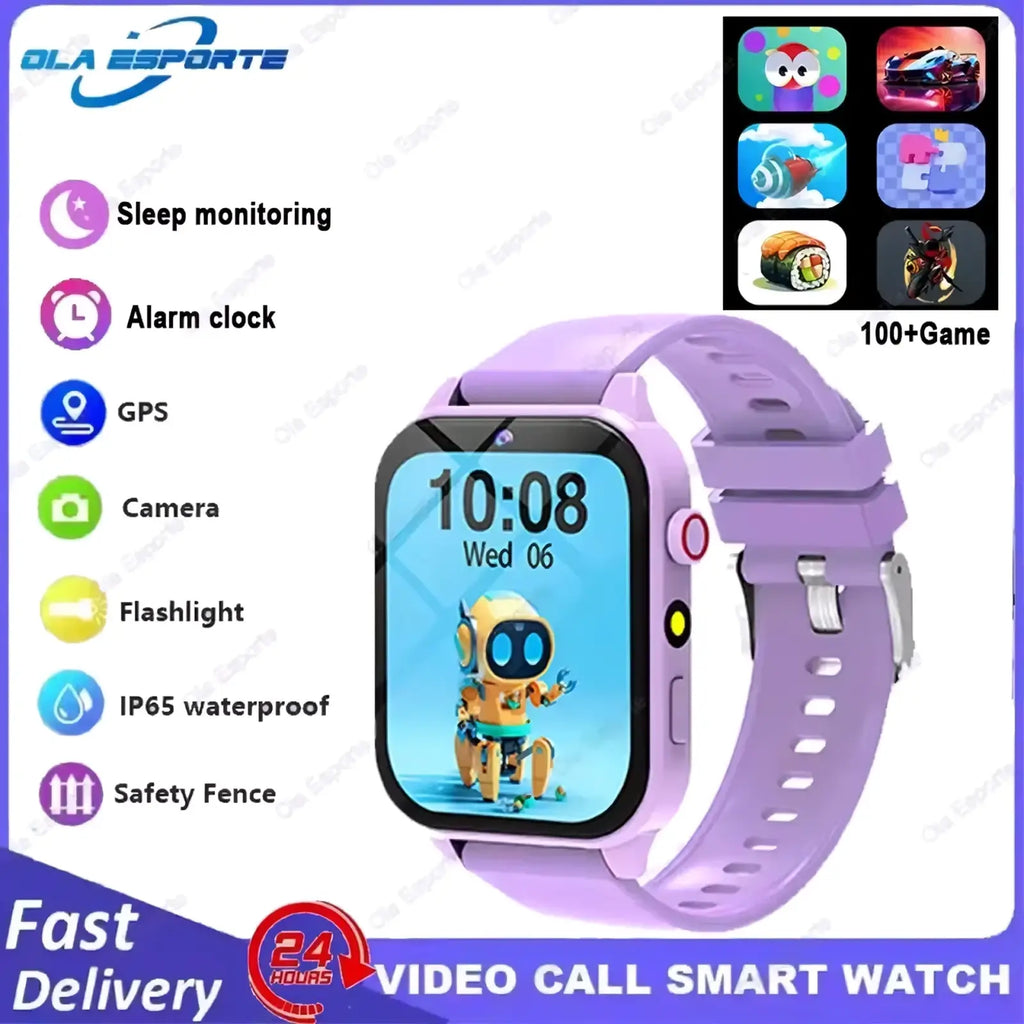 Kids smart watch with games and HD camera featuring a purple silicone strap and colorful robot-themed display