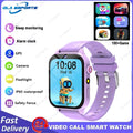 Kids smart watch with games and HD camera featuring a purple silicone strap and colorful robot-themed display