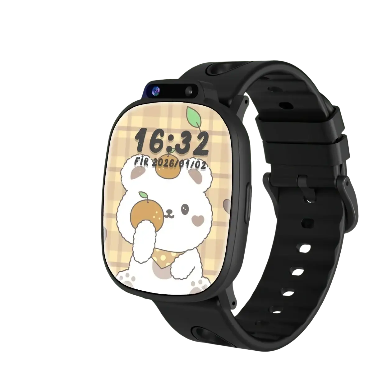 Black silicone strap kids smartwatch with low power consumption and rounded screen displaying white bear on plaid background