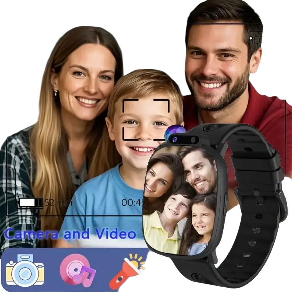 Black kids smart watch with circular screen, hd camera, and low power consumption for family photo display