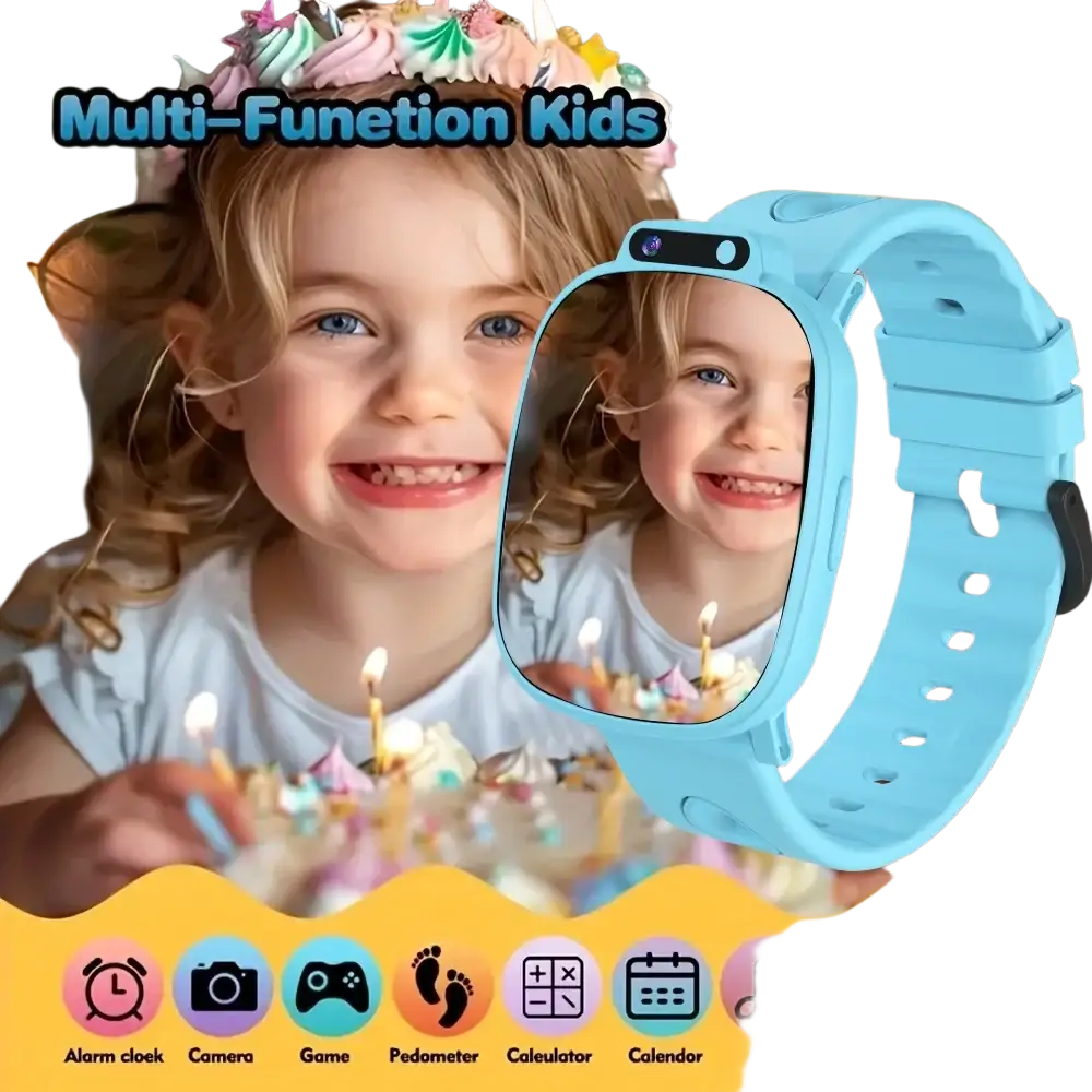 Light blue silicone kids smart watch with rounded rectangular screen and hd camera featuring low power consumption