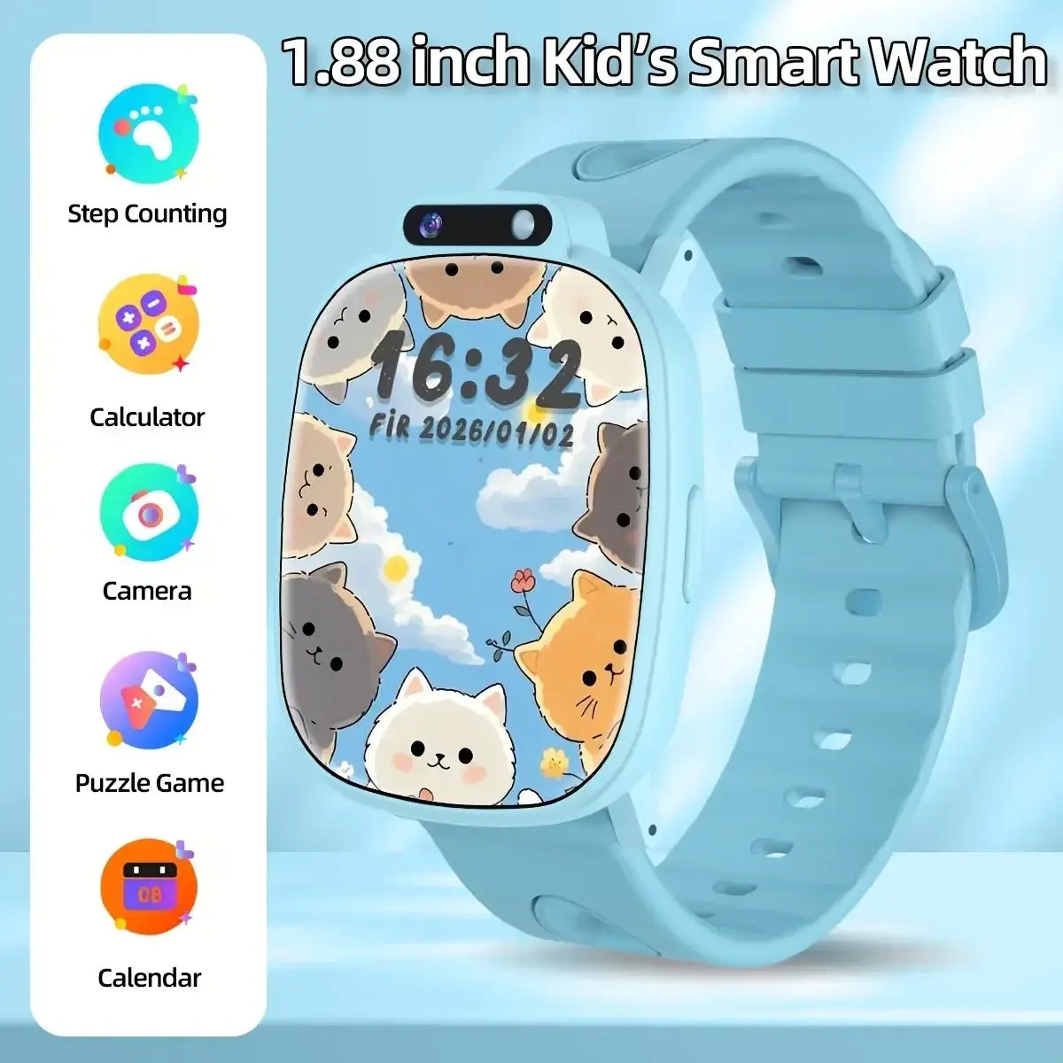 Light blue silicone strap kids smart watch with cartoon cat screen display and low power consumption hd camera