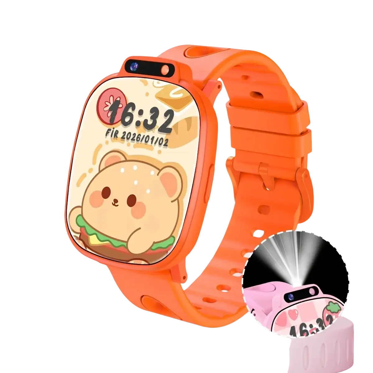 Orange children’s smartwatch with cartoon bear display and built-in flashlight featuring low power consumption hd camera