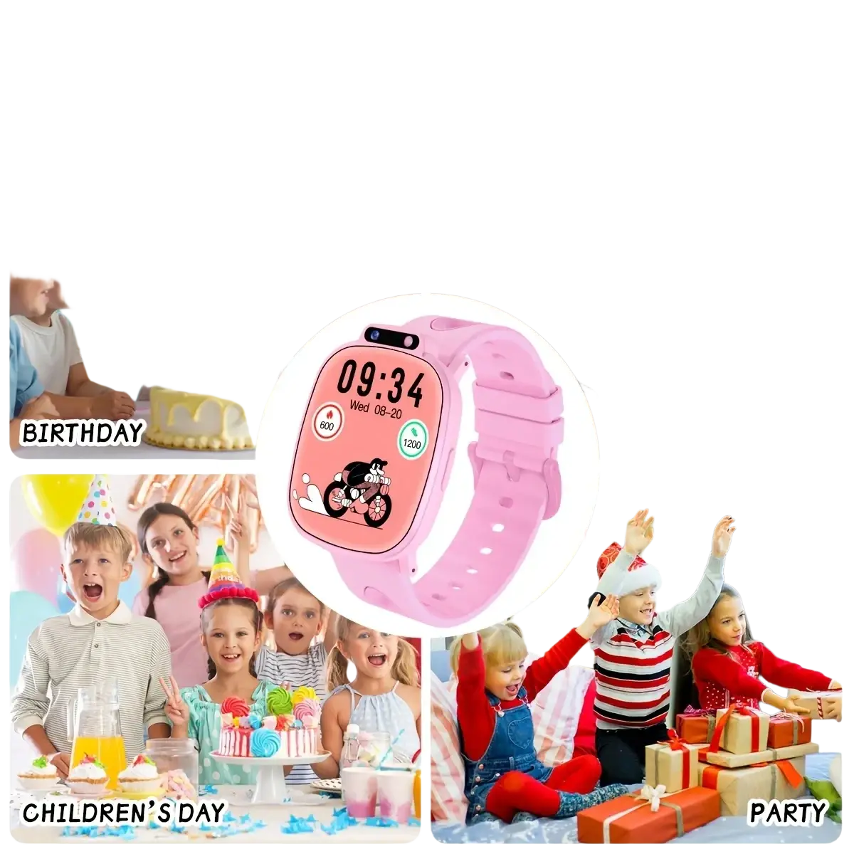Pink silicone strap kids smart watch with round screen showing cartoon graphics and low power consumption feature