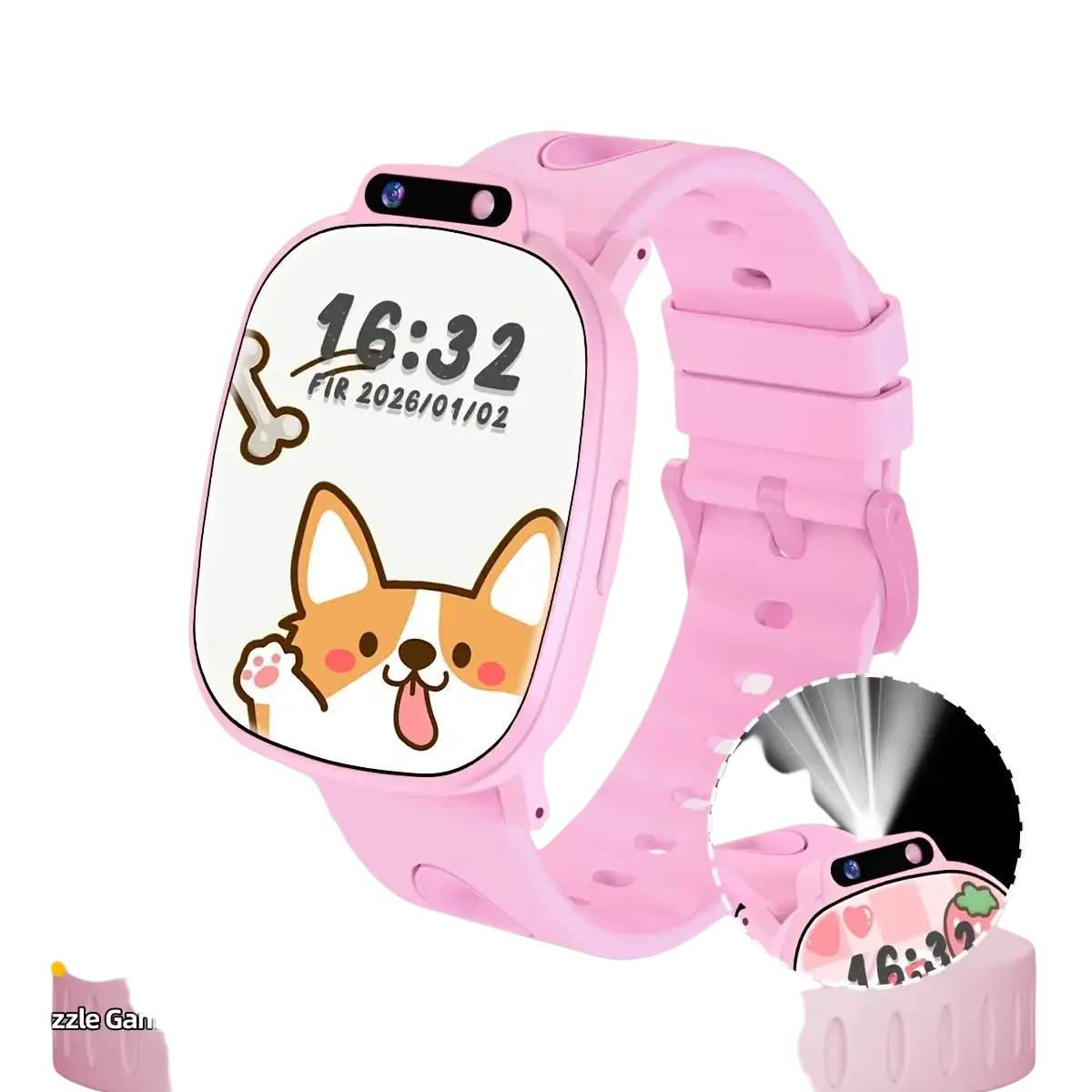 Pink silicone strap kids smart watch with cartoon corgi face screen low power consumption and built-in flashlight
