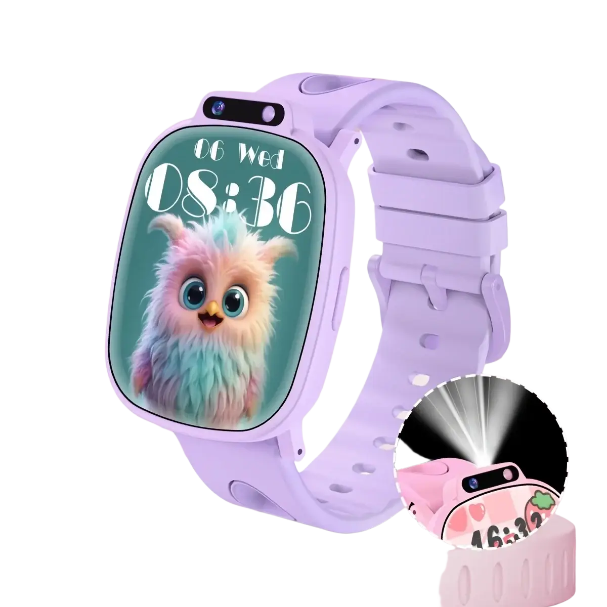 Purple kids smart watch with low power consumption, hd camera, colorful owl screen, and matching silicone strap