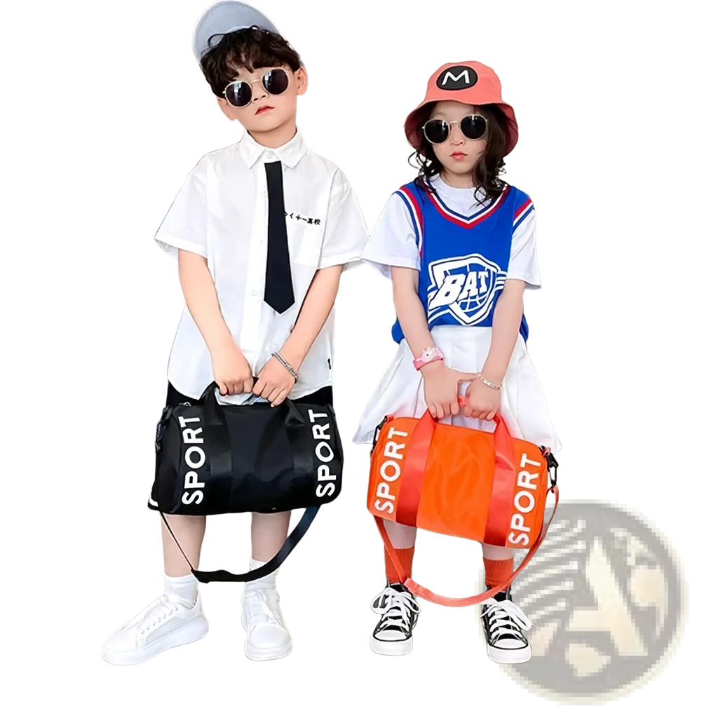 Black and orange kids sports duffel bags with sport lettering ideal for travel gym and crossbody use