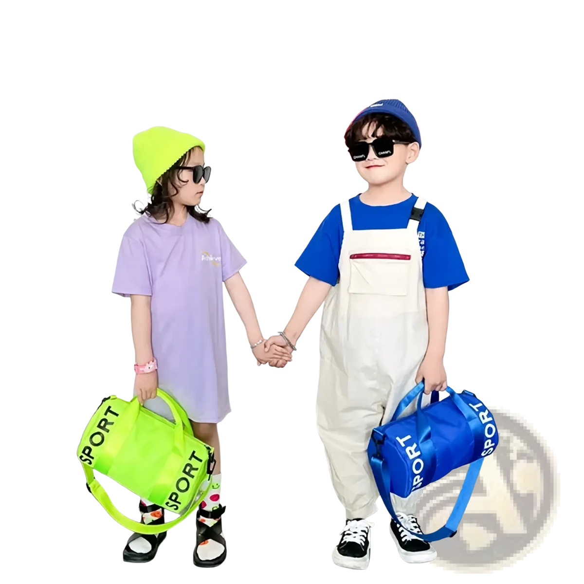 Bright neon green and royal blue kids sports duffle bags with sport lettering for travel gym and crossbody use