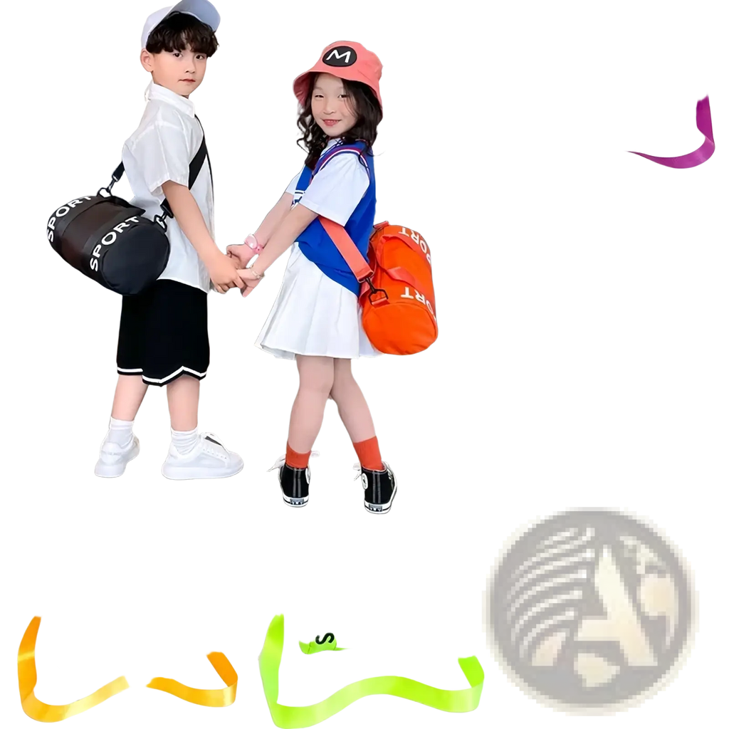 Kids sports duffle bag with sport lettering and colorful straps in orange green yellow purple blue and black for gym travel