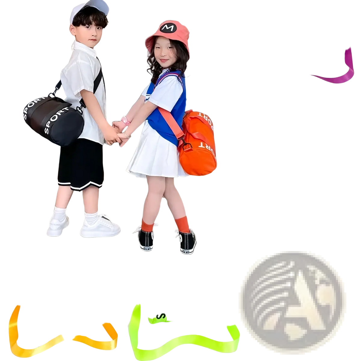 Kids sports duffle bag with sport lettering and colorful straps in orange green yellow purple blue and black for gym travel