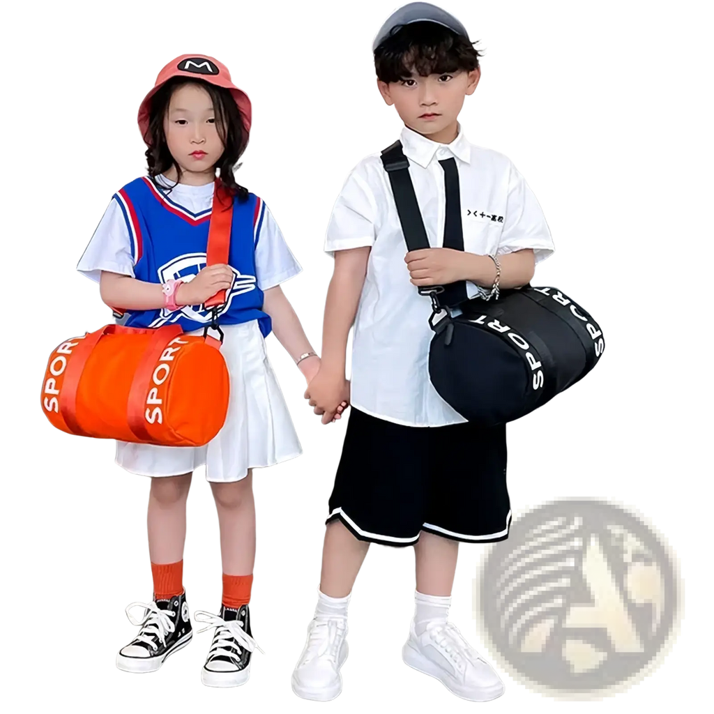 Orange and black kids sports duffel bag with shoulder straps for travel gym and crossbody luggage use