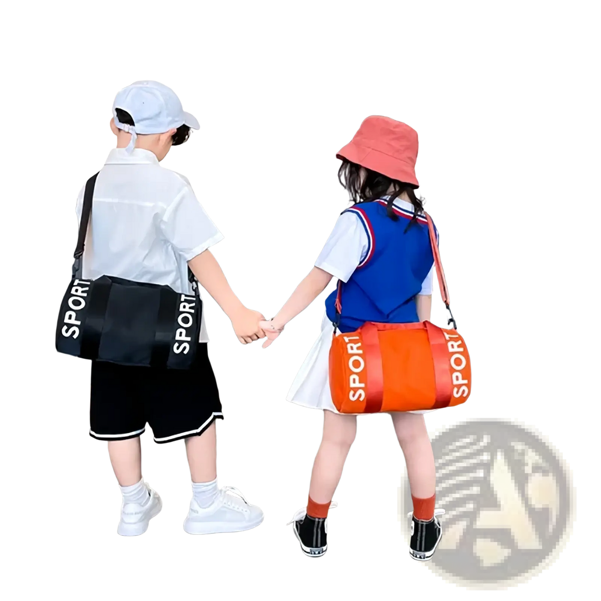 Kids sports duffle bag in orange and black with bold white sport lettering for travel gym and crossbody use