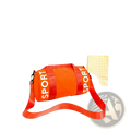 Kids sports duffle bag in vibrant orange with bold white sport lettering on red straps and adjustable crossbody strap