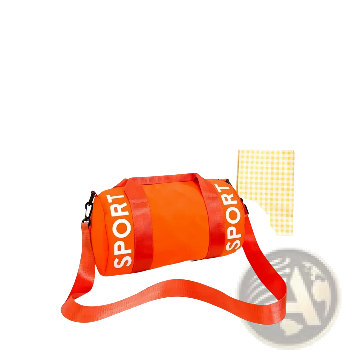 Kids sports duffle bag in vibrant orange with bold white sport lettering on red straps and adjustable crossbody strap