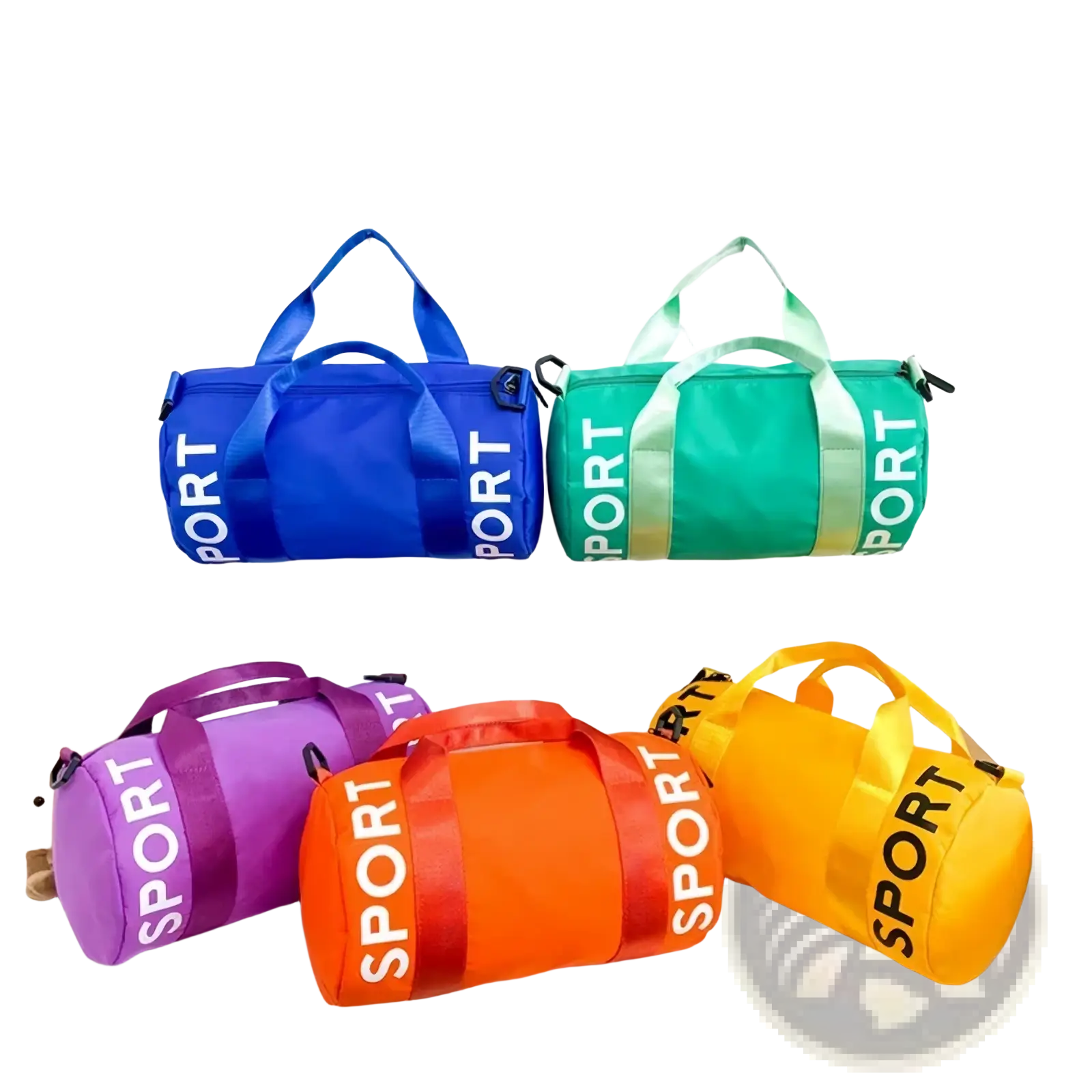 Kids sports duffle bags in vibrant rainbow colors with bold sport lettering made of durable nylon for travel gym use