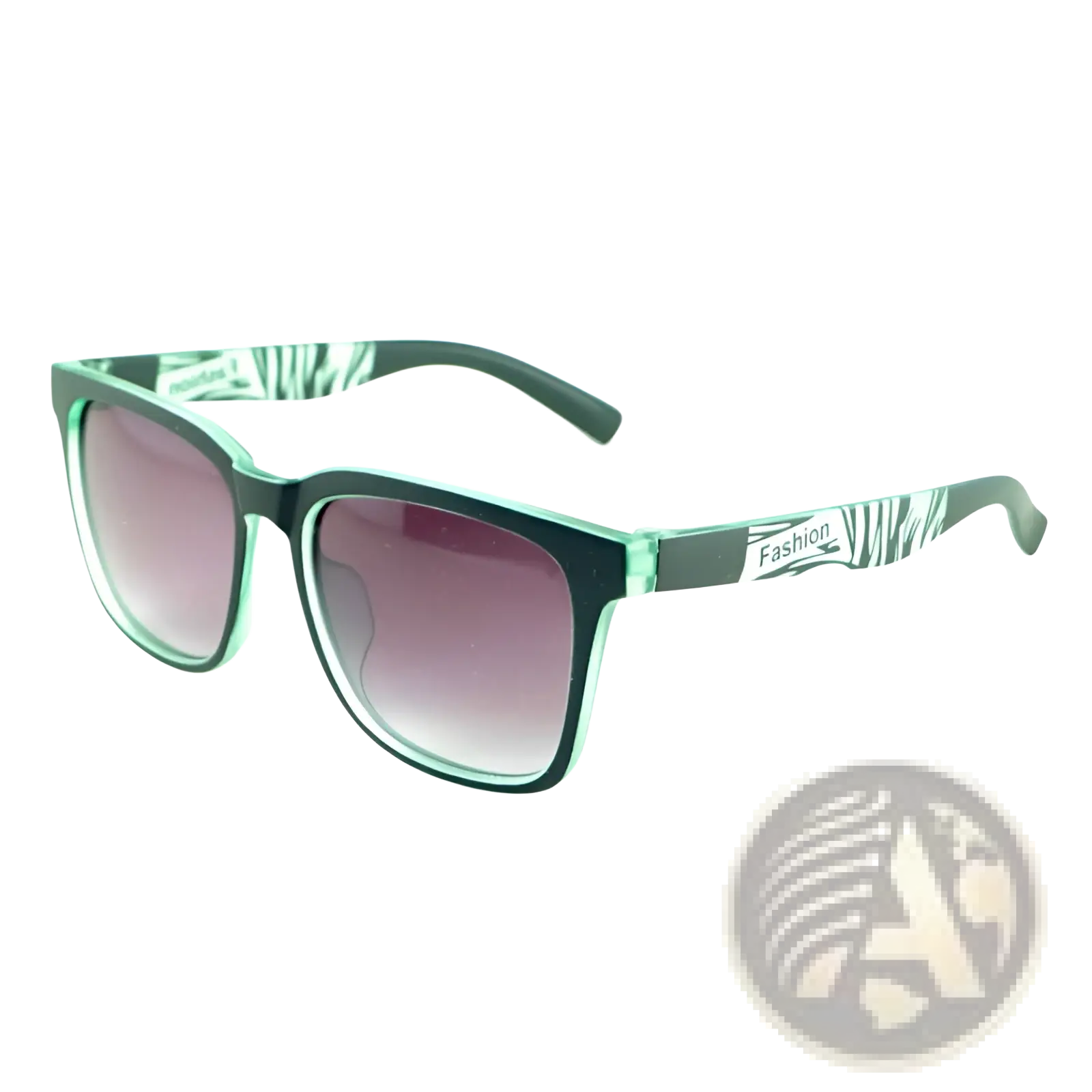 Kids square gradient lens fashion sports sunglasses with teal and black frame, purple lenses, and zebra-striped temples