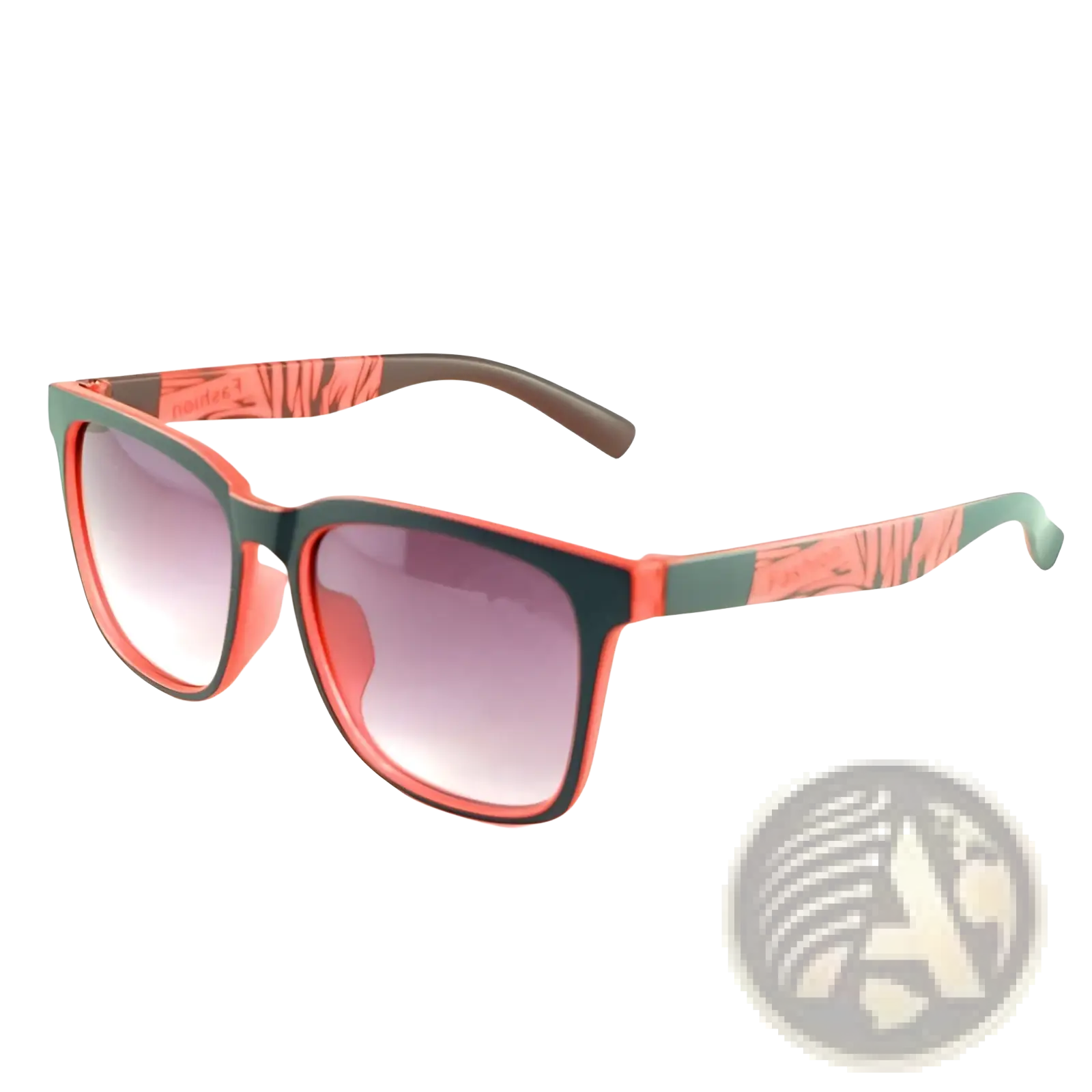 Kids square fashion sports sunglasses with coral and dark green tiger stripe frame and gradient purple lenses