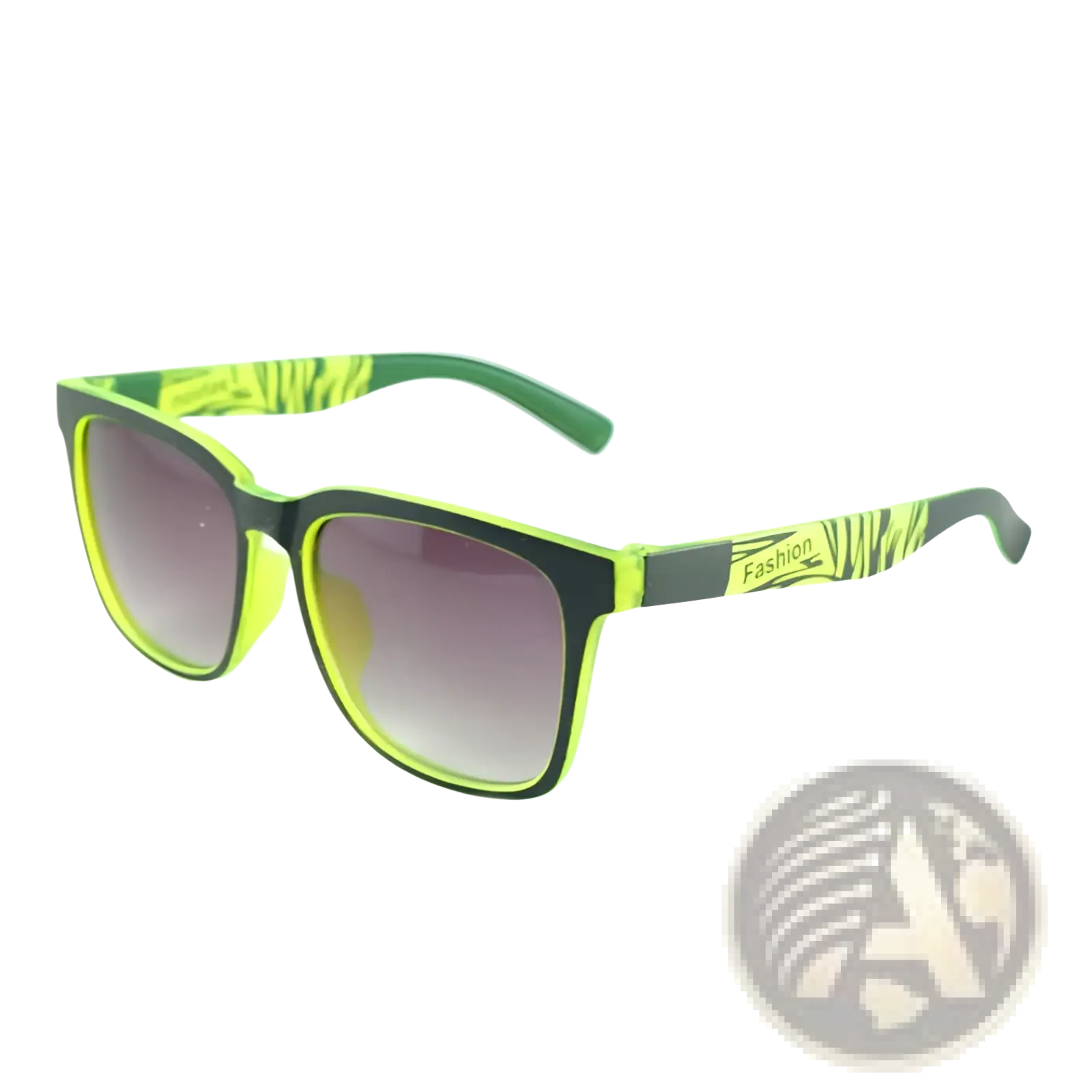 Kids square fashion sports sunglasses with vibrant neon green and black frame, zebra-striped arms, and gradient purple lenses