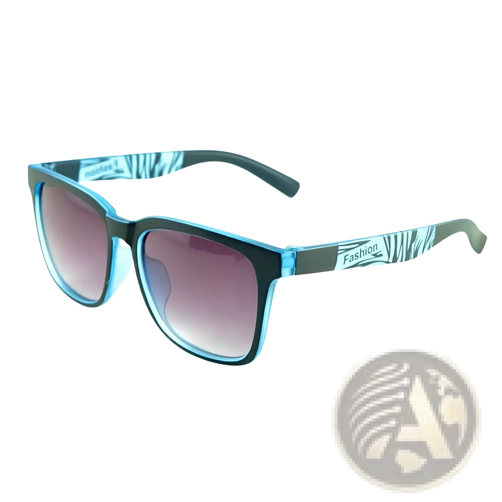 Kids square gradient lens fashion sports sunglasses with blue and black frames and zebra-striped temple arms